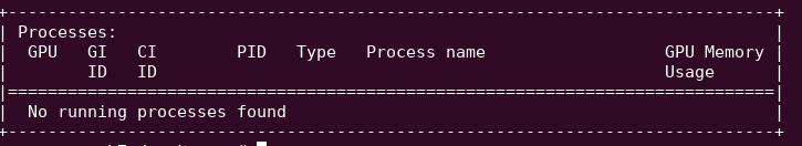 Output when the GPU is not used, explicitly saying there no running processes.